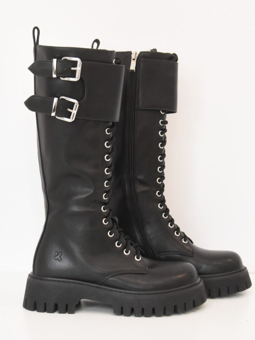 KOI Footwear Tall Combat Boots Black Platform Lug Sole Buckle Lace Up NWOT US 5